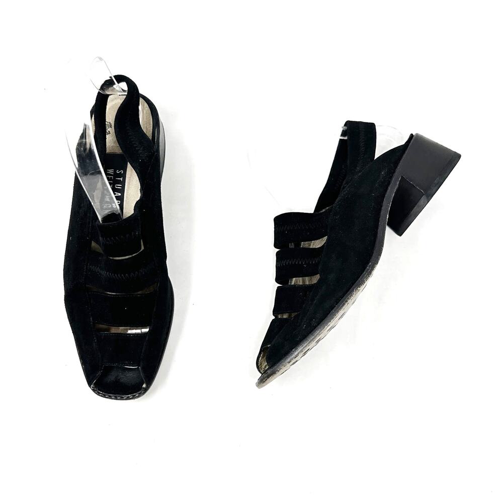 Stuart Weitzman Black Suede Slingback Block Heel Sandals